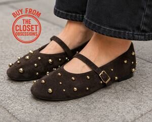 Zara NWT Brown Suede Studded Mary Jane Ballet Flats 7.5 8